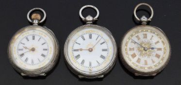 Three hallmarked silver fob watches all with Roman numerals, gold hands,