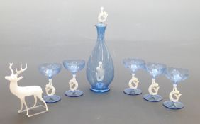 Bimini Werkstadt style liqueur set with lamp work mermaid stem, decanter 24cm tall,