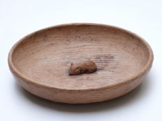 Robert Mouseman Thompson shallow adzed oak bowl with signature carved mouse to the centre,