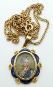 An 18ct gold pendant set with a portrait miniature with blue enamel to the border, 2.