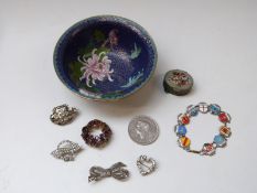 A white metal bracelet (800) with enamel crests, silver and marcasite brooches, paste brooches,