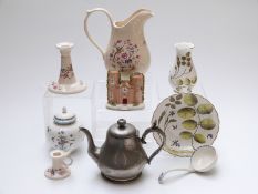 Royal Worcester Palissy items with Spode lithograph, Staffordshire pastille burner, ladle,