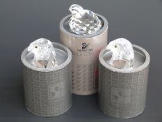 Three Swarovksi Crystal Birds, Partridge and two Falcon heads, largest 6cm long,