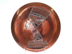 Copper and silver Egyptian plate with Nefertiti decoration,