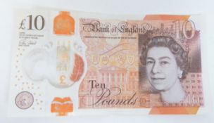 A £10 polymer note BD20094481, error mis-printed on obverse with no silvered hologram,