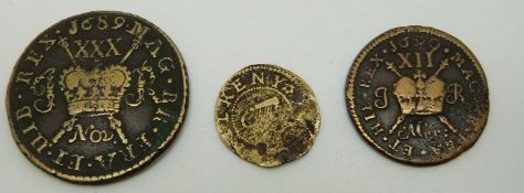 James II Irish gun money comprising 1689 halfcrown and a 1690 shilling, both F,