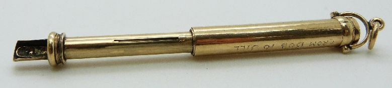 A 9ct gold S Mordan propelling pencil/ dip pen combined with bloodstone end, 23.