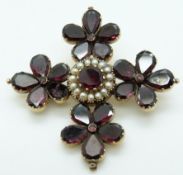 Victorian brooch set with foiled almandine garnets and seed pearls,