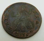 George II young head1739 halfpenny VF-EF with lustre