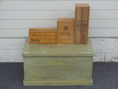 Painted wooden trunk with twin handles W67cm together with wine boxes