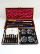 Cased set of hallmarked silver teaspoons together with a stag's antler carving set with hallmarked