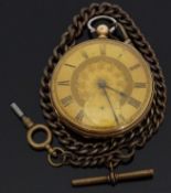 F E Last of Abergavenny 18ct gold open faced pocket watch with black Roman numerals,