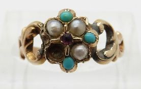 Victorian yellow metal ring set with seed pearls, turquoise and a garnet to the centre,