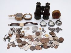 Dollond of London pair of military binoculars, a natural sine compass, coins,