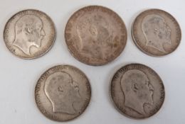 Edward VII 1902 crown together with four half crowns 1907 and 1910