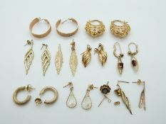 A quantity of 9ct gold and yellow metal earrings, 3.