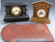 Two mantel clocks and a shove ha'penny board
