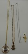 A 9ct white gold chain, 9ct gold chain and pendant, 9ct gold locket and a 9ct gold cross,