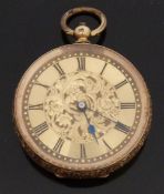 14ct gold open faced pocket watch with black Roman numerals,