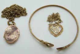 A 9ct gold bangle, 9ct gold necklace and locket and a 9ct gold 