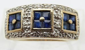 A 9ct gold ring, set with diamonds and sapphires in a square design,