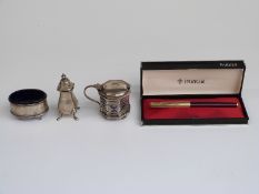 Three hallmarked silver salts, peppers etc and a cased Parker pen,