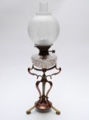Arts and Crafts brass, copper and cut glass lamp in the manner of Benson,