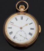 Gold filled open faced keyless winding quarter repeater pocket watch with Roman numerals,