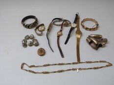 A quantity of costume watches, bamboo bangle, silver tops for walking sticks,