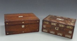 Two mother-of-pearl inlaid workboxes, one dated 1837, width of largest 30.