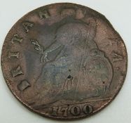 William III 1700 Type III halfpenny F-VF obverse. Fine / weakly struck reverse.