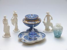 Three Royal Worcester figurines, a Mdina vase, glass perfume bottle,
