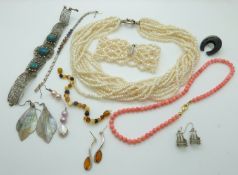 Victorian jet horseshoe brooch, coral necklace, pearl bracelet, pearl necklace, amber bracelet,