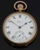 Waltham 9ct gold open faced keyless winding pocket watch with Roman numerals,
