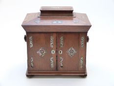 Rosewood sarcophagus-shaped jewellery or ladies' travelling chest with mother-of-pearl inlaid