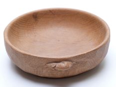 Robert Mouseman Thompson adzed pedestal oak bowl with signature carved mouse to the outside,