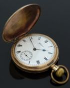 Waltham gold plated full hunter keyless winding pocket watch with Roman numerals,