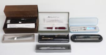 Eight fountain and ballpoint pens and pen sets including Cross, Franklin Covey, Pentel etc,