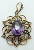 Edwardian 9ct gold pendant set with an oval amethyst and seed pearl by H & CB