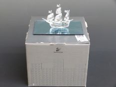 Swarovski Crystal cut glass Santa Maria sailing ship, 11cm long, on mirror base,
