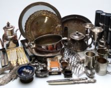 Large quantity of plated ware including salvers, tea ware, salts, James Dixon patent teapot,