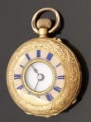 18ct gold half hunter keyless winding pocket watch with blued hands, Roman numerals,