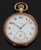 Buren for Reid gold plated open faced keyless winding pocket watch with inset subsidiary seconds