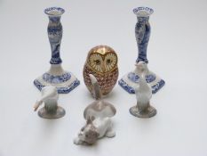 Spode Italian candlesticks, Royal Crown Derby owl paperweight,