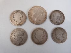 Six Victorian young head coins to include 1845 wreath reverse and half crowns,