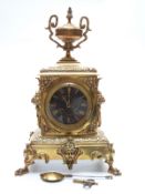 French 19thC brass mantel clock, the black Roman dial with gilt brass beetle and poker hands,