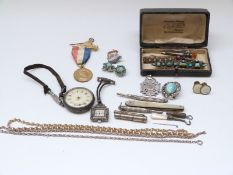 A silver fob watch, micro mosaic brooch, silver Art Deco watch, silver chain,