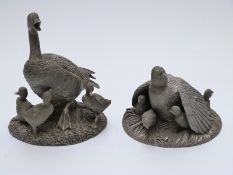 Two Franklin Mint pewter bird models, Quail Time and Gosling Time by Robert K Davis,
