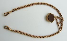 A 9ct rose gold double Albert with T bar and swivel fob set with agate, 23.