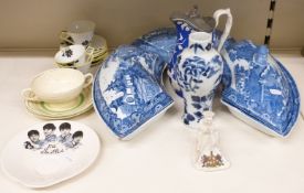 Collection of 19thC transfer printed serving dishes, Foley China teaware, Beatles plate,
